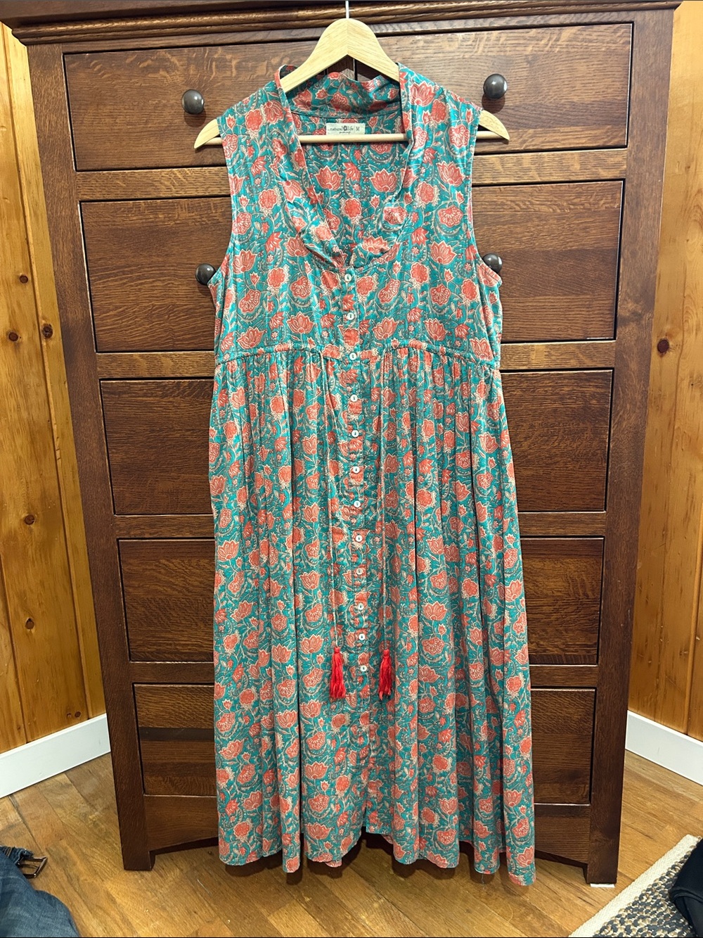 NATURAL LIFE Teal and Coral Floral Button-Front Midi Dress